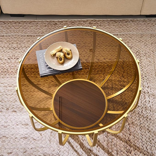Saint Mossi Glass Round Coffee Table for Living Room, Modern 2-Tier Gold Drum Center Table, Brown Glass Top, Walnut Shelf with Gold Finish Legs & Frame, W30xH16.5