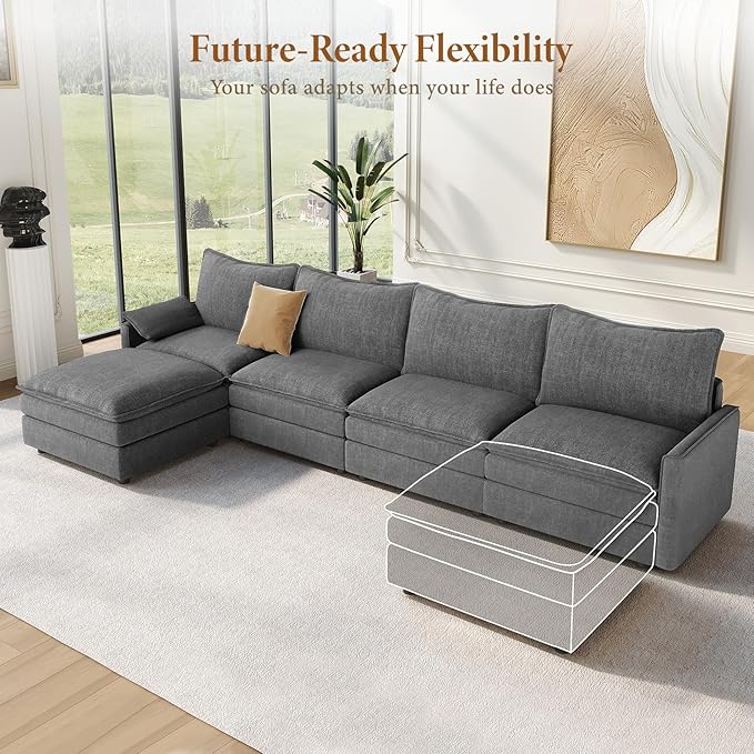 Vesgantti 142" Cloud Couch Sectional Modular Sofa, Comfy Sectional Couch with Ottoman Deep Seat Chenille L Shaped Sofa, Modular Couches for Living Room, Bedroom and Apartment, Gray | Sink-in Comfort, Height Adjustable, Easy Rearrangement, Extra-deep Ot...