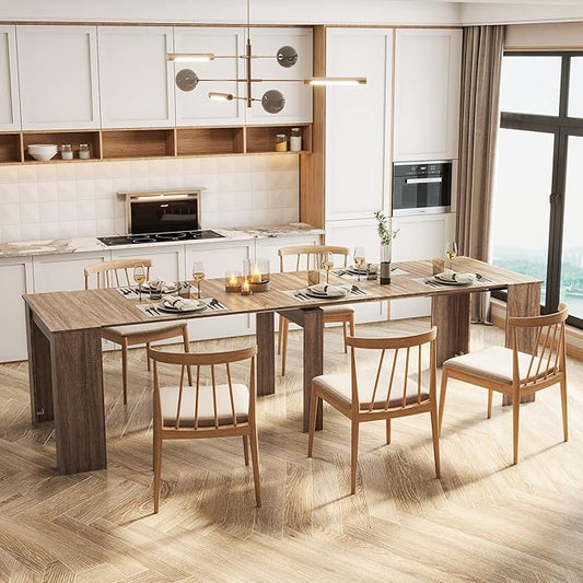 Ball & Cast Extendable Dining Table, 20"/118.5" Large Dining Room Table for 6-10 Person,Kitchen Table with Wood Legs, Space-Saving Folding Console Table,Brown