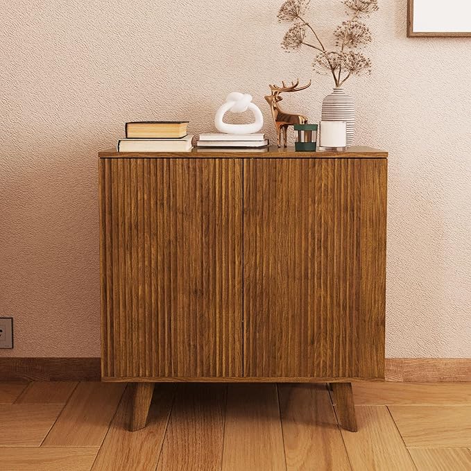 Set of 2 Sideboard Storage Cabinet with Doors and Shelves, Buffet Cabinet with Storage for Kitchen/Dinning room,Credenza Storage Cabinet for Living room/Entryway/Media/TV Console Table-walnut