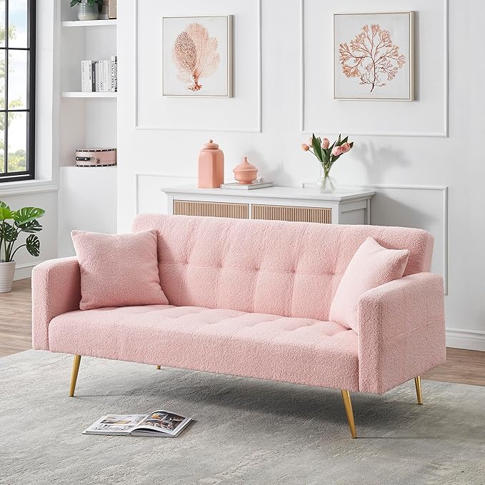 Eafurn Tufted Futon Sofa Bed, Teddy Futon Loveseat Couch Adjustable Recliner Sleeper Sofa Bed with Golden Metal Legs and 2 Pillows for Living Room, Apartment, Office,Small Love Seat | Golden Legs, Wood Frame