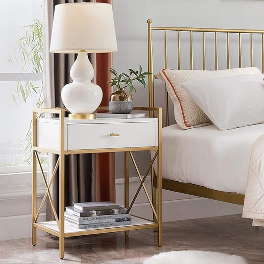 Claudette Solid Wood and Metal Nightstand with Drawer and USB-C Fast Charging Station, White and Gold, Perfect for Bedrooms, Living Rooms, and Offices – Leick Home, 9069-WT