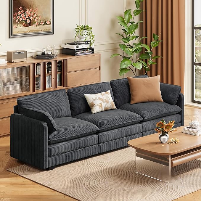 Gizoon 3 Seater Couches for Living Room, Cloud Sleeper Sofa with Double Cushion Corduroy Deep Seat Sofa Couches with 2 Pillows for Living Room Bedroom and Apartment,Pet-Friendly Fabric, Grey