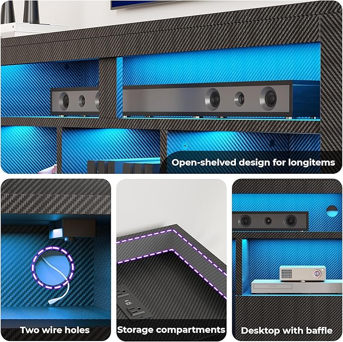 IRONCK TV Stand for 65 Inch TV, Carbon Fiber Entertainment Center with 2 Drawers, Charging Station & RGB LED Light, Gaming Media Console for PS4, Bedroom, Living Room, Black