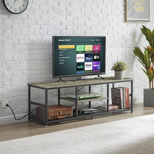 VECELO TV Stand with Power Outlets for Televisions up to 65Inch, 55" Media Entertainment Center with Charging Station 3-Tier Open Storage Shelves with Metal Frame for Living Room/Bedroom,Grey