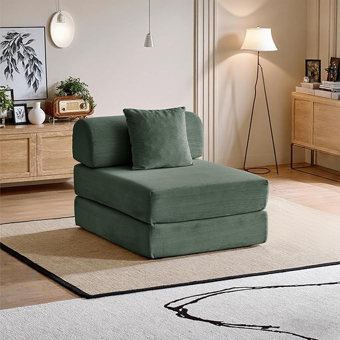 31.5'' Convertible Compressed Corduroy Folding Cloud Sofa Bed, Modern Boneless Pull Out Sleeper Sofa Couch in a Box, 3 in 1 Portable Lazy Floor Lounge Chair, for Small Space, Green, Pillow, Single