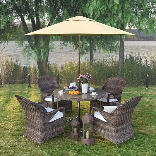 9' Rd Faux-Wood Market Patio Umbrella with Push Open Pin Stop, Antique Beige