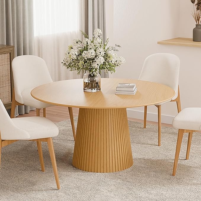 Casaphoria 52" Round Dining Table, Modern Wood Kitchen Table with Cone Grating Bar Base for Living Room & Dining Room, Easy Assembly Farmhouse Furniture for 4-6, Oak