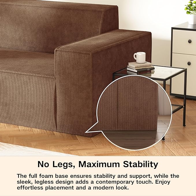 Swbvs Sofa-in-a-Box, Memory Foam 3-Seater Couch, No Installation & Easy to Transport, Deep Seat Modern Sofa with Corduroy Fabric, Couch for Living Room, Bedroom, Apartment, Home Office, Brown