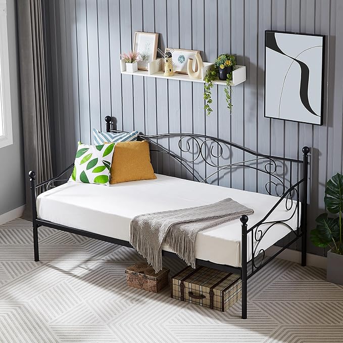 VECELO Daybed Frame, Twin Size Metal Platform Bed with Headboard,Heavy Duty Steel Slats Support for Living Room Bedroom Guest Room, Easy Assembly