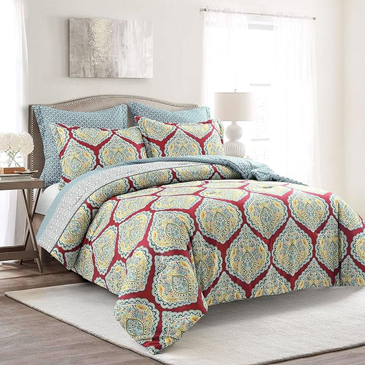 Lush Decor Harley Reversible Comforter King Size 5 Piece Set Red - Boho Bedding Set King Comforter - Red Comforters - Boho Bedroom Decor