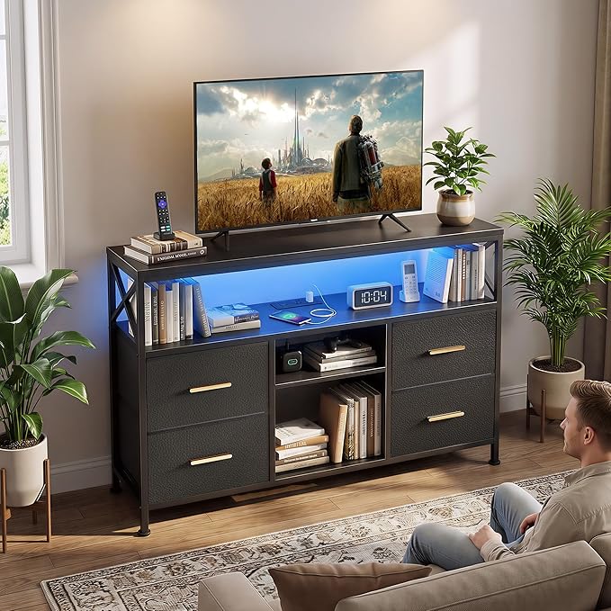 LED TV Stand for 55 inch TV, 47" Entertainment Center with 4 Fabric Drawers & Open Shelf, Brushed Gold Handle, TV Media Console Table for Living Room, Bedroom, Hallway, Black
