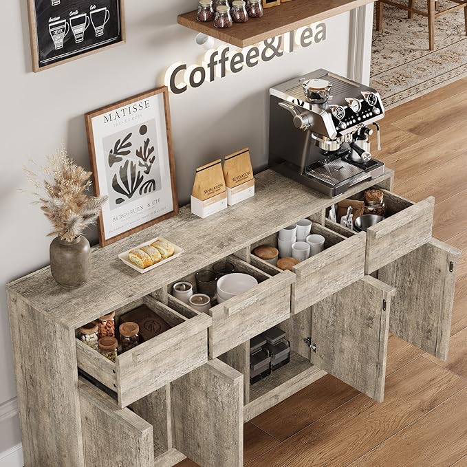 GarveeHome Sideboard Buffet Cabinet with 4 Drawers, 62.4 in Large Coffee Cabinet with Storage, Modern Storage Buffet Table for Kitchen Dining Room, Living Room (Grey, 4 Doors & 4 Drawers)