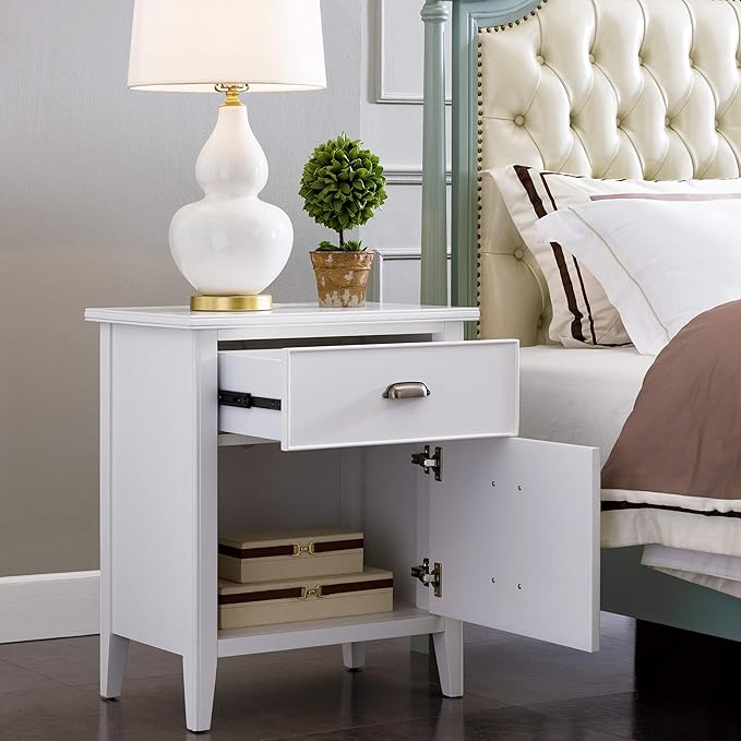 Leick Home Laurent Nightstand, Solid Wood, with USB-C Charging, with 1 Drawer and 1 Door, Orchid White, 10522-WT