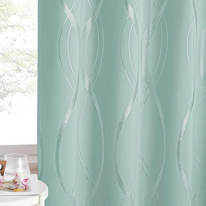 NICETOWN Aqua Blue Stripe Curtain Panels 63 inch Long for Dining Room and Patio, W52 x L63 inch, Wave Line Foil Print Design Pattern Drapes for Modern Apartment Wall Decor, 2 Panels