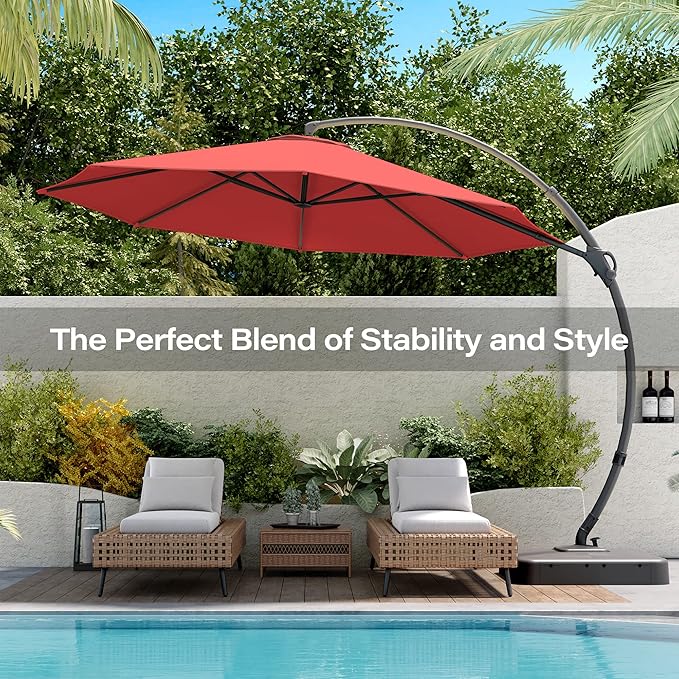 LAUSAINT HOME Outdoor Patio Umbrella with Base included, Deluxe Curvy Cantilever Umbrella Heavy Duty Offset Hanging Umbrella
