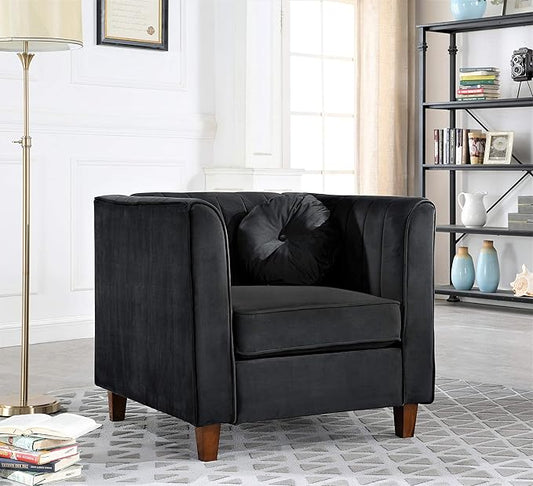 Container Furniture Direct Arvilla 2 Piece Velvet Sofa Set with Bolster Pillows, Mid Century Modern Design, Chesterfield-Inspired Couch and Chair for Living Rooms, Midnight Black