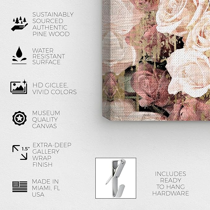The Oliver Gal Artist Co. Floral and Botanical Wall Art Canvas Prints 'Shabby Chic Romance' Florals, Pink, Brown, 15" x 10"