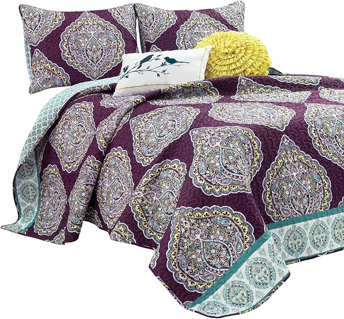 Lush Decor Harley Reversible King Queen Size 5 Piece Set Purple & Turquoise - Boho Bedding Set King Quilt - Purple Quilts - Boho Bedroom Decor