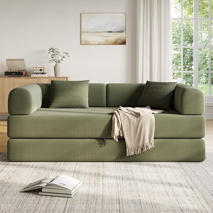 79in Convertible Sofa Bed, Corduroy Boneless Couch Bed, Futon Sleeper Sofa Pull Out Bed, Foldable Couch for Living Room Apartment, No Assembly Required