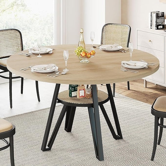 LIKIMIO Round Dining Table for 4, 47.2” Wooden Kitchen Table with Rattan Storage Shelf, Space-Saving for Modern Dining Room, Living Room, Natural