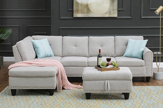 Ball & Cast 98" L Shaped Sectional Couch for Living Room with Chaise & Storage Ottoman,4 Seat Linen Upholstered Modular Sectional Sofa Set 3 PCS W/Cup Holder & Nailhead Trim,for Home,Office,Light Gray