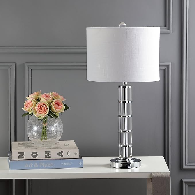 JONATHAN Y 26" Clear Crystal and Chrome LED Table Lamp, Modern Glam Pillar Bedside Lamp with White Linen Drum Shade for Living Room Bedroom, LED Bulb Included JYL2053A