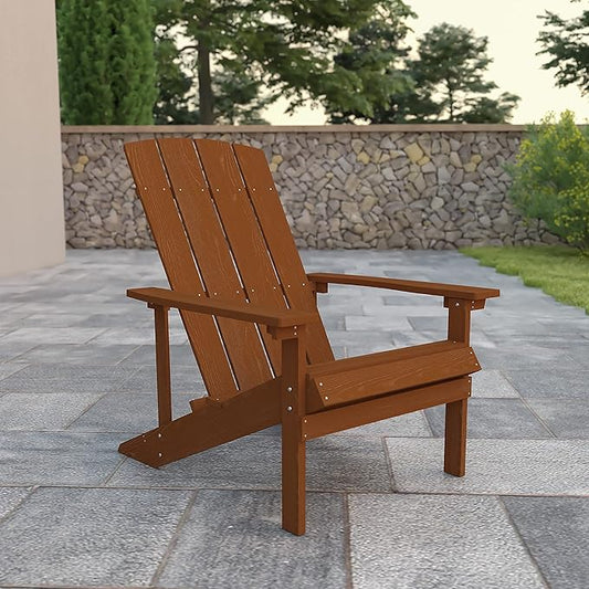 Flash Furniture Charlestown Commercial Grade Indoor/Outdoor Adirondack Chair, Weather Resistant Durable Poly Resin Deck and Patio Seating, Teak