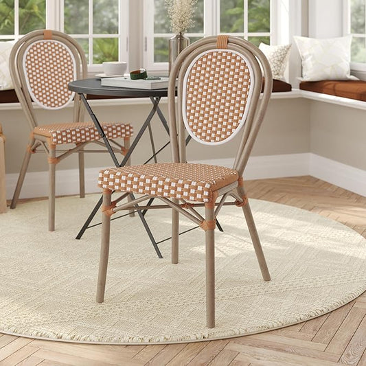 Flash Furniture Lourdes Indoor/Outdoor Commercial Thonet Bistro Stack Chair - Natural/White PE Rattan Back and Seat - Light Natural Bamboo Print Metal Frame