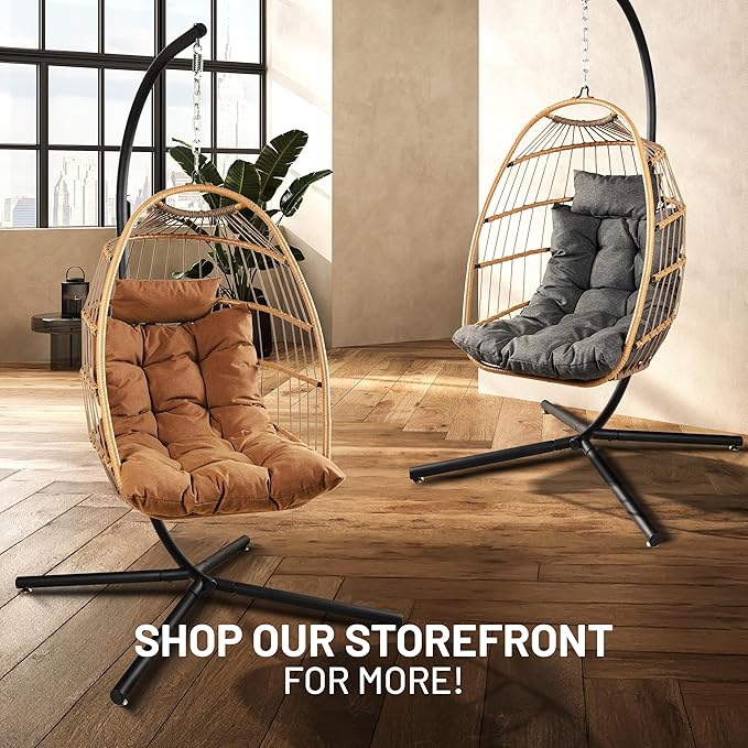 SereneLife Egg Chair with Stand – Hanging Rattan Wicker Swing for Indoor Outdoor Use – 350 lbs Capacity, Breathable Cushion & Headrest – Patio, Balcony, Porch, Bedroom Lounge Furniture