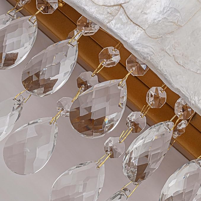 2-Light Capiz Shell Crystal Wall Sconces, Coastal Design Indoor Wall Lamp, Vanity Wall Mount Light Fixture for Bathroom, Hallway, Bedroom, Shell Lampshade, Crystal Pendants & Gold Finish