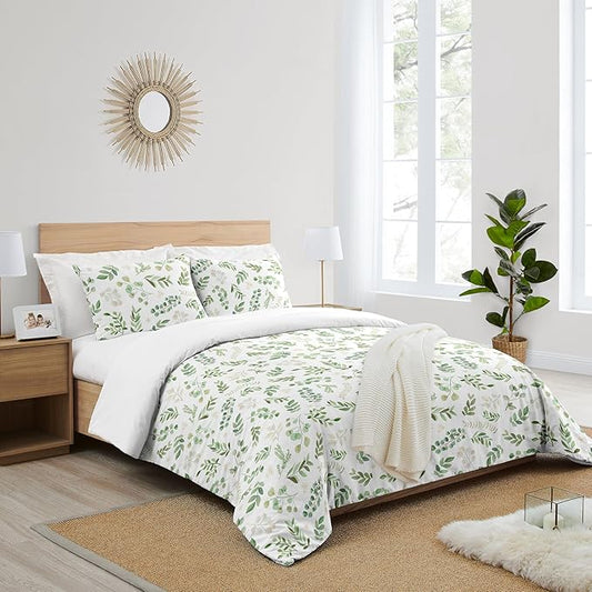 Sweet Jojo Designs Floral Leaf Girl Full/Queen Bedding Comforter Set Kids Childrens Size - 3 Pieces - Green and White Boho Watercolor Botanical Woodland Tropical Garden