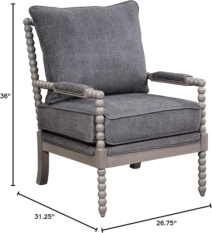 OSP Home Furnishings Abbott Spindle Accent Chair with Padded Spring Seat and Brushed Grey Base, Charcoal Fabric