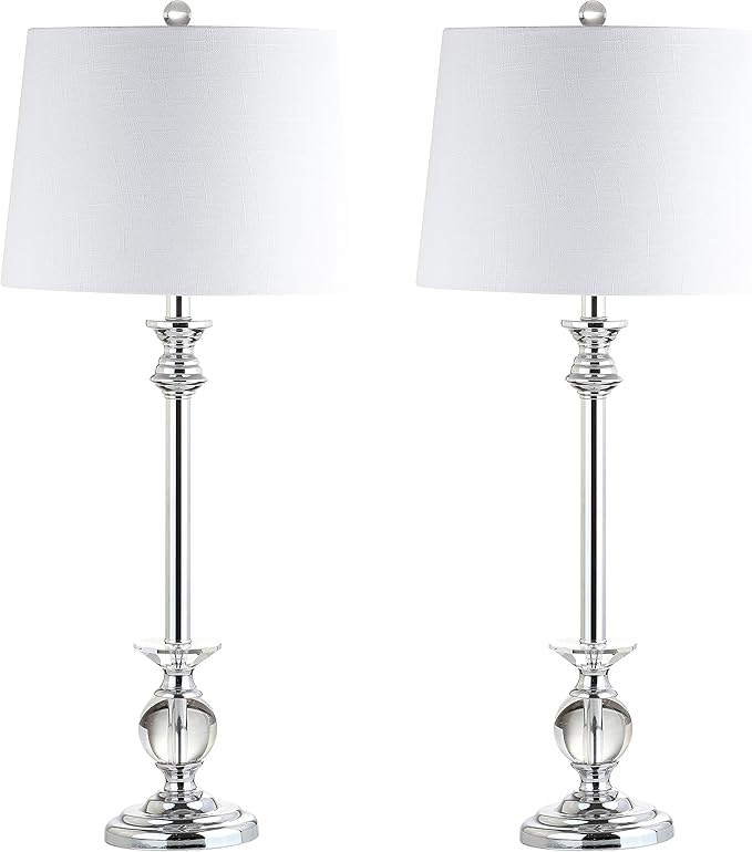 JONATHAN Y 33" Crystal and Chrome LED Table Lamp Set of 2, Contemporary Clear Metal Lamps for Living Room Bedroom, White Linen Drum Shade, LED Bulbs Included, UL Listed JYL2056A-SET2