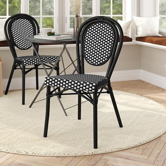 Flash Furniture Lourdes Indoor/Outdoor Commercial Thonet Bistro Stack Chair - Black/White PE Rattan Back and Seat - Black Metal Frame