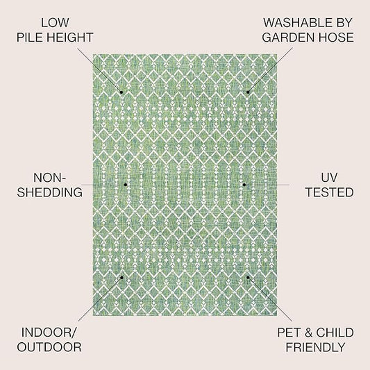 JONATHAN Y Moroccan Geometric Indoor Outdoor Square Area Rug 5X5 Green/Cream, Ourika Textured Weave for Backyard, Patio, Porch, Easy-Cleaning, High Traffic, Pet-Friendly, Non-Shedding (SMB108L-5SQ)