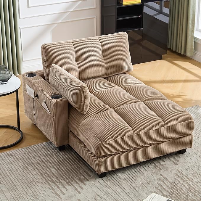 Oversized Lounge Chaise Convertible Sleeper Sofabed, Corduroy Sleeper Daybed Indoor Recliner Chair Sofa Bed with Cupholders and Adjustable Headrests for Living Room Bedroom Reading Home Apartment