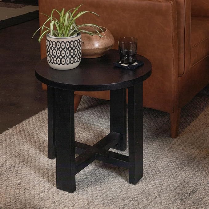 Creative Co-Op Elegant Acacia Trestle Round End Table, Black
