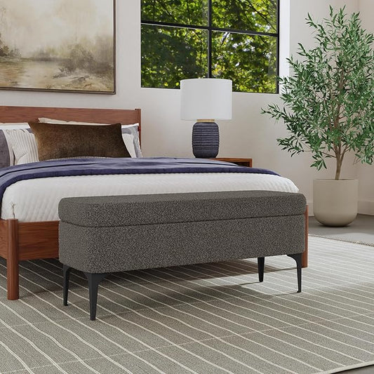 HomePop Upholstered Storage Bench with Metal Leg, 42" W, Dark Brown Boucle