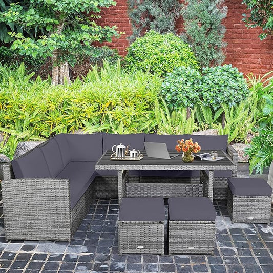 HAPPYGRILL 7 Pieces Rattan Wicker Patio Conversation Set, Outdoor Patio Furniture Set with Cushions, Rattan Sofa Set with Dining Table & Ottomans for Poolside Backyard Balcony Garden (Grey)