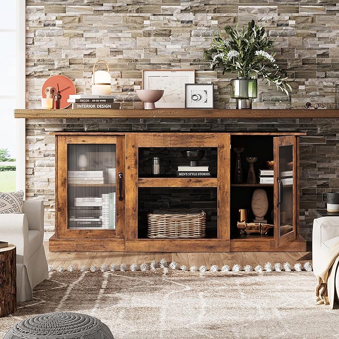 WLIVE Farmhouse TV Stand for 65 inch TV, 58" Entertainment Center with Storage Cabinets, Open Shelves TV Console for Living Room and Bedroom, Rustic Brown