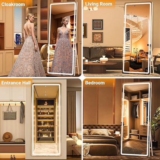 Full Length Mirror with Lights, 56" x 15.8" LED Lighted Floor Standing Body Mirror, Dimmable & 3 Color Lighting Cloakroom, Dressing Room, Tempered Glass, Rounded Corner White