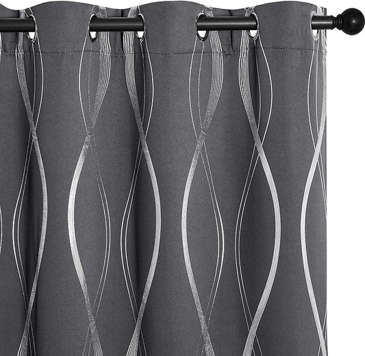 NICETOWN Grey Blackout Short Curtain for Apartments, W66 x L84, Noise Reducing Thermal Insulated Wave Line Foil Print Design Drapes for Living Room, 2 Panels