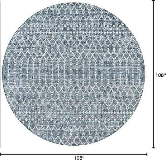 JONATHAN Y Moroccan Geometric Indoor Outdoor Round Area Rug 9 Ft Teal/Gray, Ourika Textured Weave for Backyard, Patio, Porch, Easy-Cleaning, High Traffic, Pet-Friendly, Non-Shedding (SMB108C-9R)