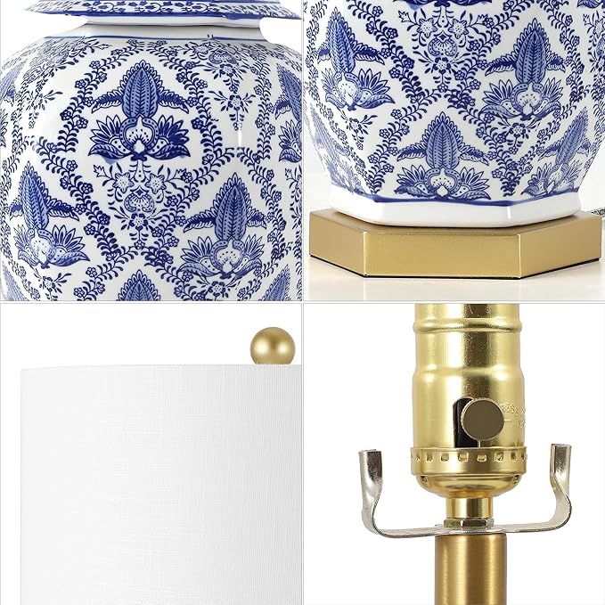 JONATHAN Y 25" Blue/White Classic Traditional Ginger Jar Ceramic LED Table Lamp, Chinoiserie Table Lamp for Living Room Bedroom, Gold Base, White Linen Shade, LED Bulb Included JYL3051A