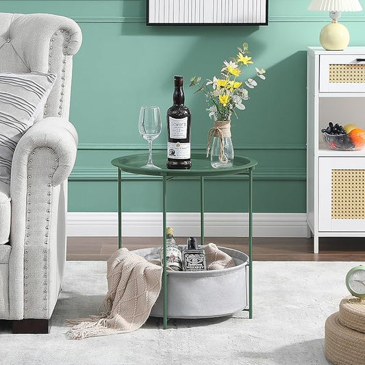 VECELO Round Side/End Table with Fabric Storage Basket,Metal Anti-Rust and Waterproof Small Bedside Nightstand with Removable Tray Top for Living Room,Balcony & Laundry,Dark Green /1pcs with Basket