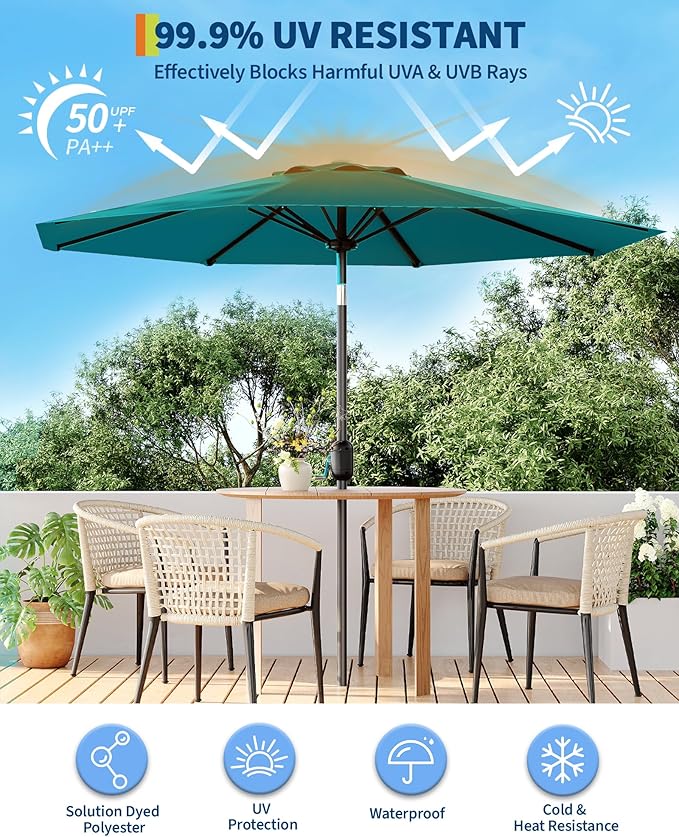 GarveeLife Outdoor Patio Umbrella, Table Market Umbrella with Push Button Tilt and Crank, 8 Sturdy Ribs UV Protection Waterproof for Garden, Deck, Backyard, Pool