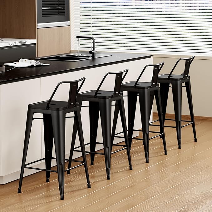 Tongli Metal Bar Stools Set of 2 Counter Stools Metal Bar Chairs Stools Counter Height Barstools Indoor Outdoor (Matte Black, 2PCS-26)