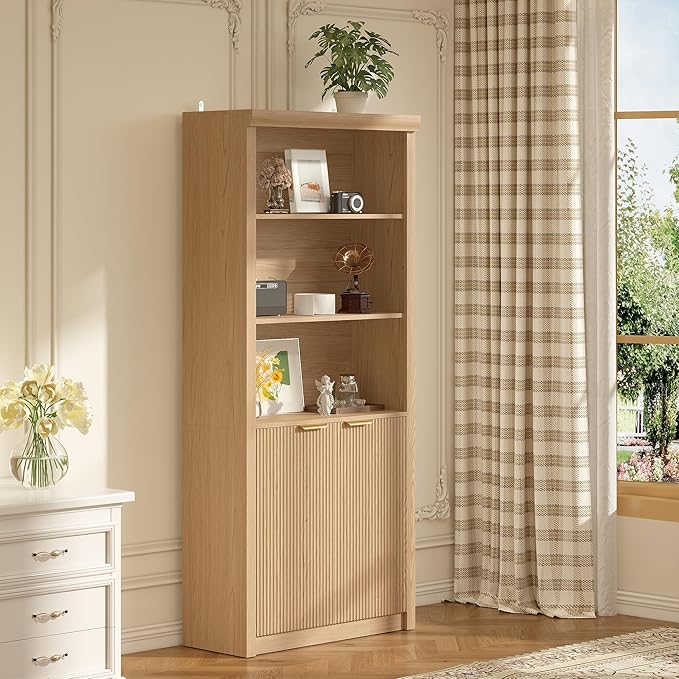 Garvee Tall Book Shelf and Bookcase, Wooden Bookcase with Doors, Modern Book Case with Large Storage Cabinet, 5-Shelf Bookcases with Adjustable top Shelve for Home Office, Living Room, 2 Set Oak