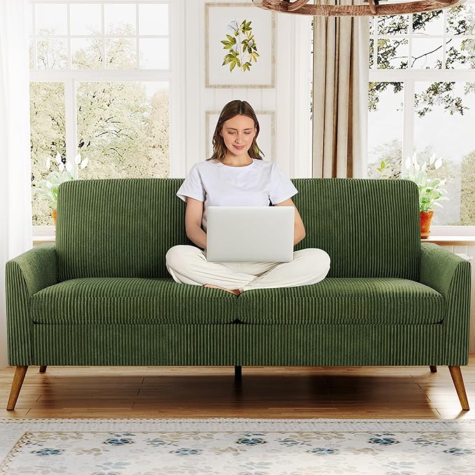 68" Loveseat Sofa, Comfy Green Corduroy Couches for Living Room, Mid Century Modern Love Seat Sofa, Tool-Free Setup Small Couches for Bedroom Office